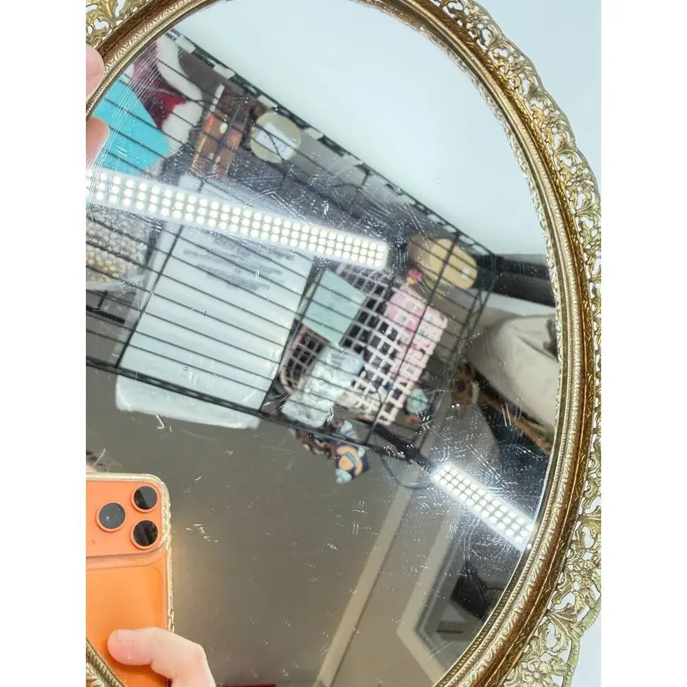 Vintage Round Wall Mirror Ornate Gold Tone Filigree Metal Floral Frame